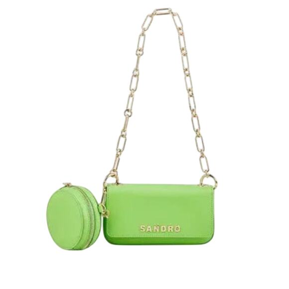 NWT $360 SANDRO totemo shoulder bag LIME GREEN with gold chain +zip coin purse - Picture 1 of 14